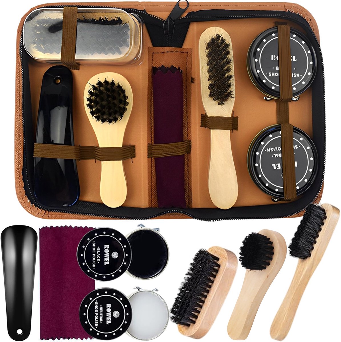 Schoenpoets set 8PCS - Bruine bagage - Inclusief borstels en applicators - Voor optimale verzorging - ShopVlot