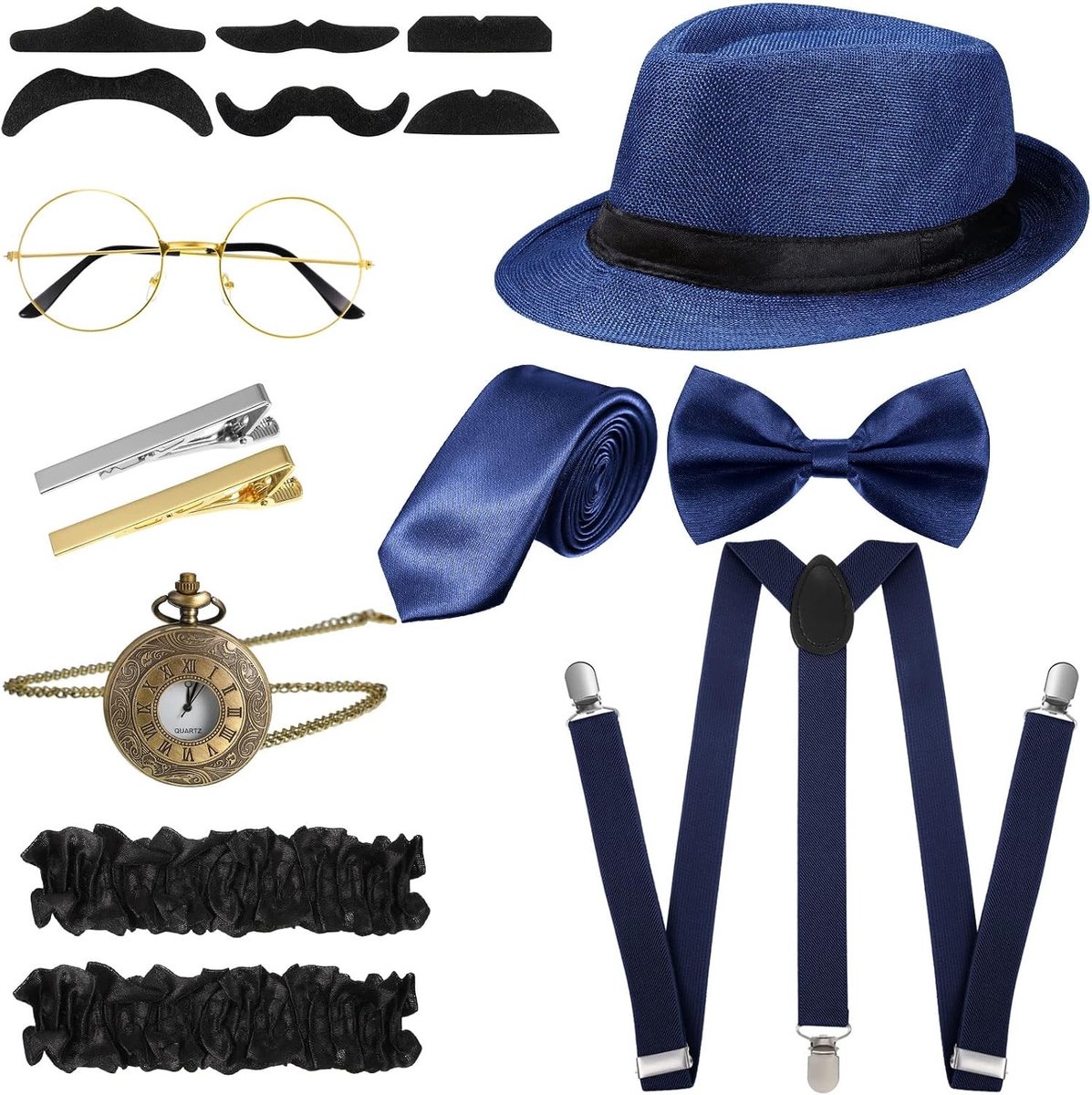 Retro 1920s Kostuumaccessoires Set voor Gangsterlook met Hoed, Stropdas en Horloge - Perfect voor Feestjes en Themadagen
