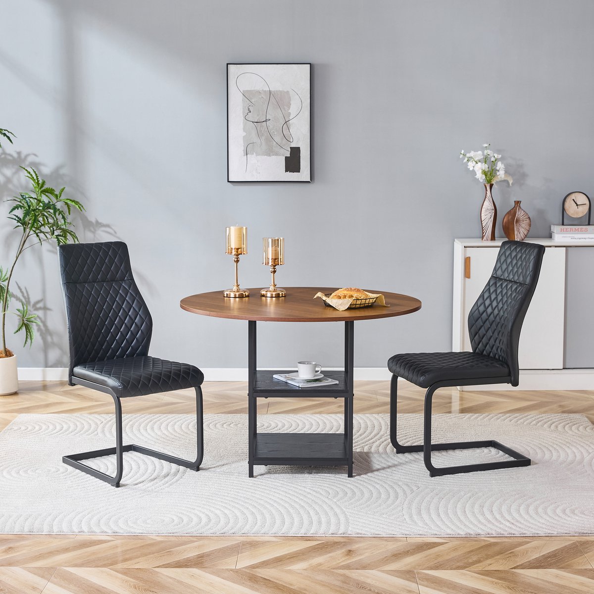 Wishdor Ronde eettafelset - Industrieel design - 2 stoelen - Zwart walnoot - Mdf en metaal - Dubbele opberglagen - 107 cm - Voor kleine eetkamer en keuken