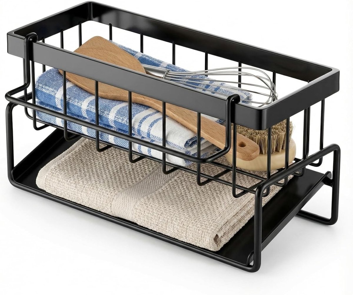 Zelfafvoerende Afwasbak Organiser van RVS, Keukenopberger met Haak voor Sponsen en Keukengerei, Ideaal voor Opberging (Zwart, 23.5 x 9 x 10.5 cm)
