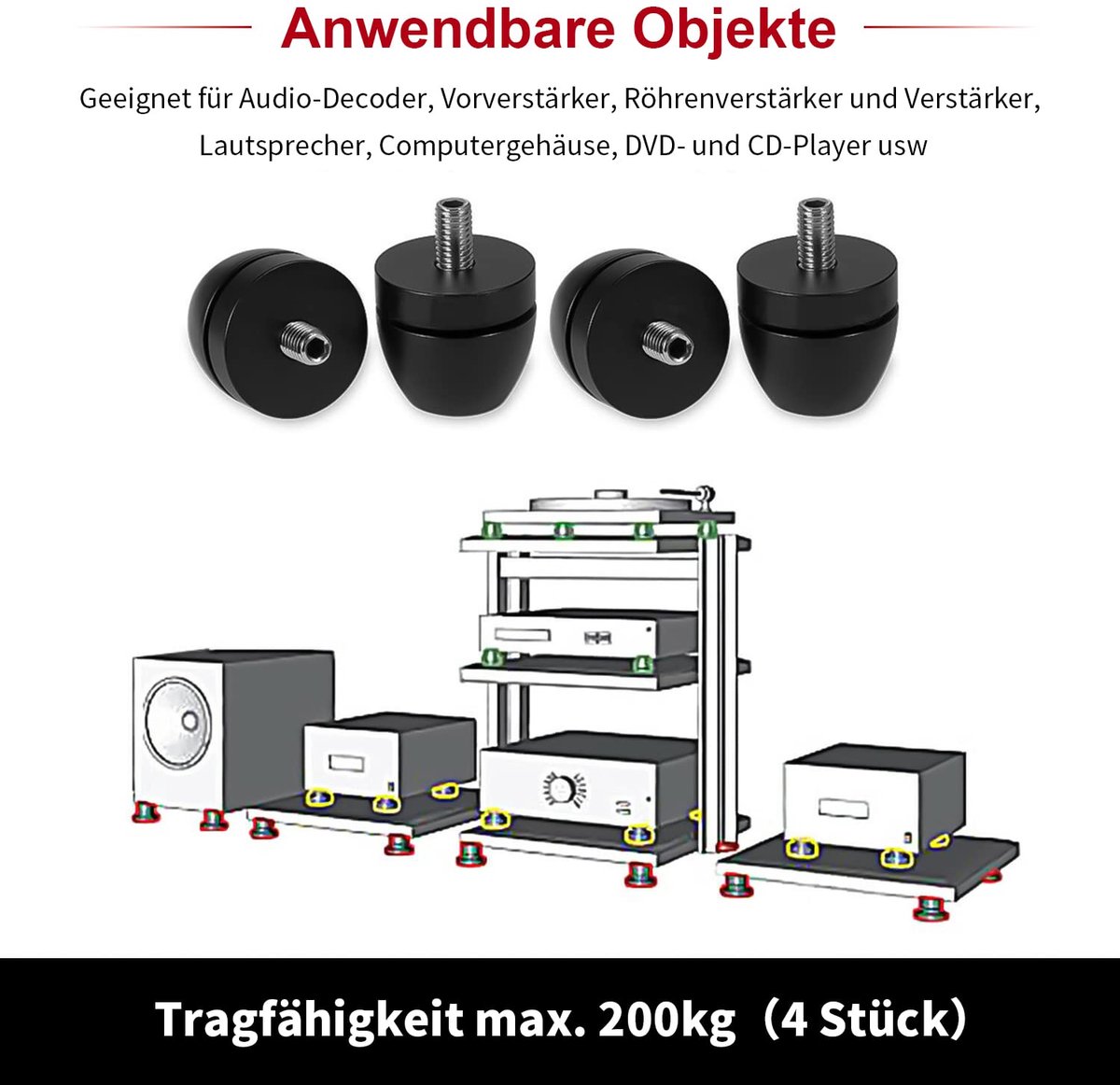 Luidsprekervoeten 4 stuks - zwart - aluminium - absorberende demping voor optimale geluidskwaliteit - ShopVlot