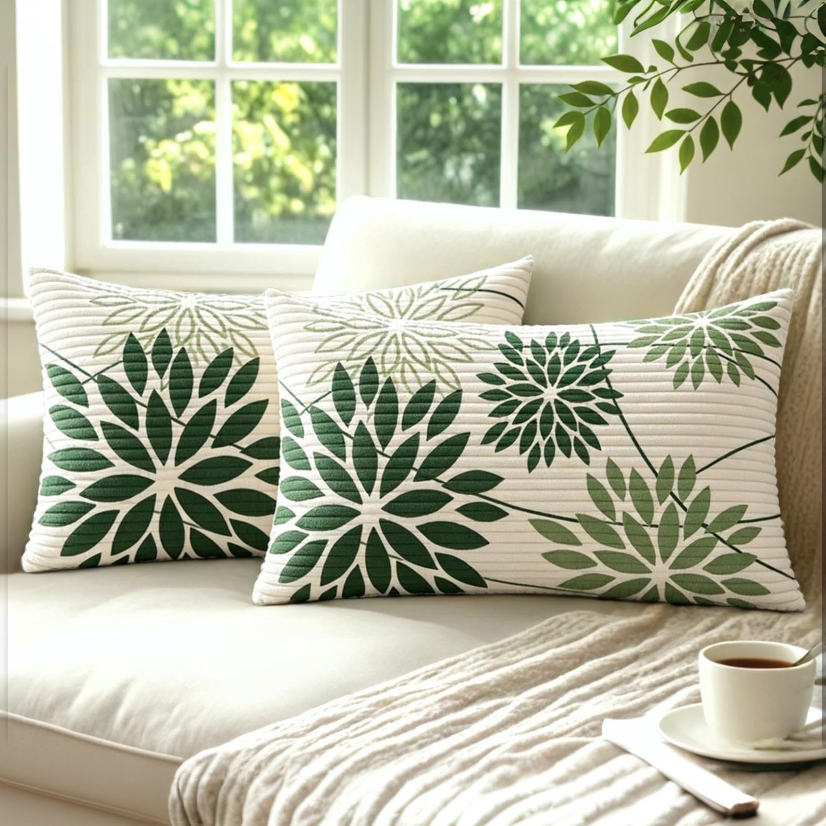 Kussenslopen 30 x 50 cm - Saliegroen corduroy - Bloemen abstract - Modern decoratief kussen - ShopVlot