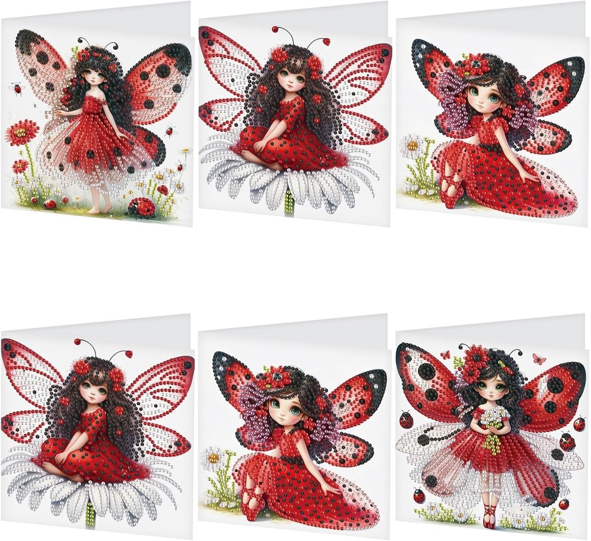 Set van 6 Wenskaarten - Rood - Diamantschilderij - Creatieve Knutselset voor Volwassenen