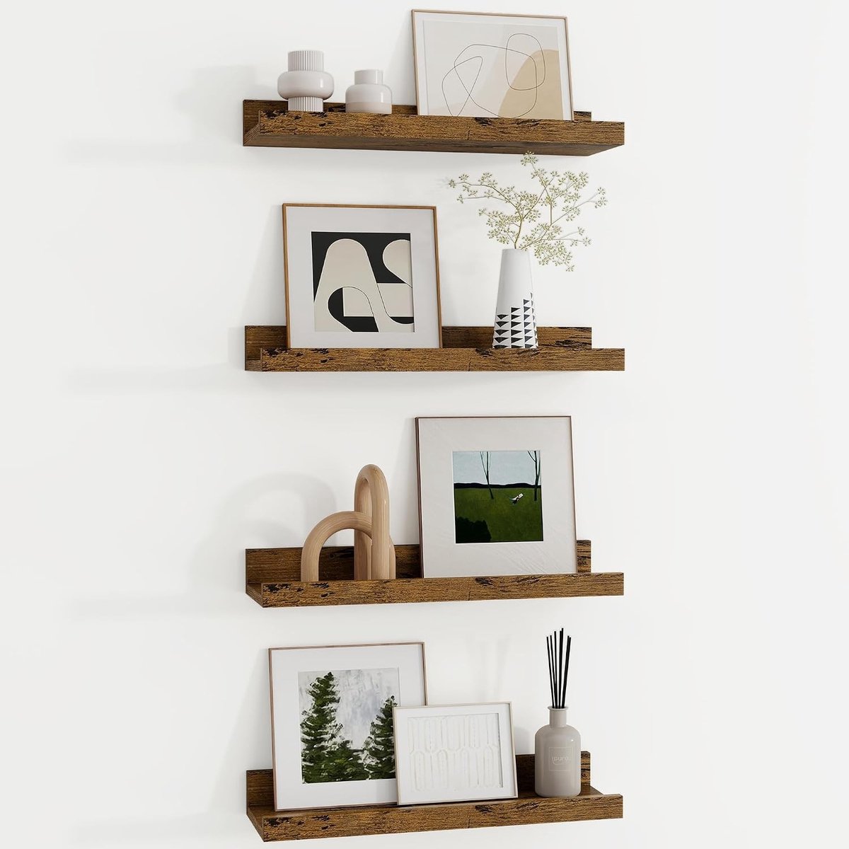 Wandplank van 40 cm, Set van 4, Voor Foto's en Boeken, Zwevende Plank van MDF, Ideaal voor Keuken, Woonkamer, Slaapkamer en Studie, Vintage Bruin, Decoratie en Opbergruimte