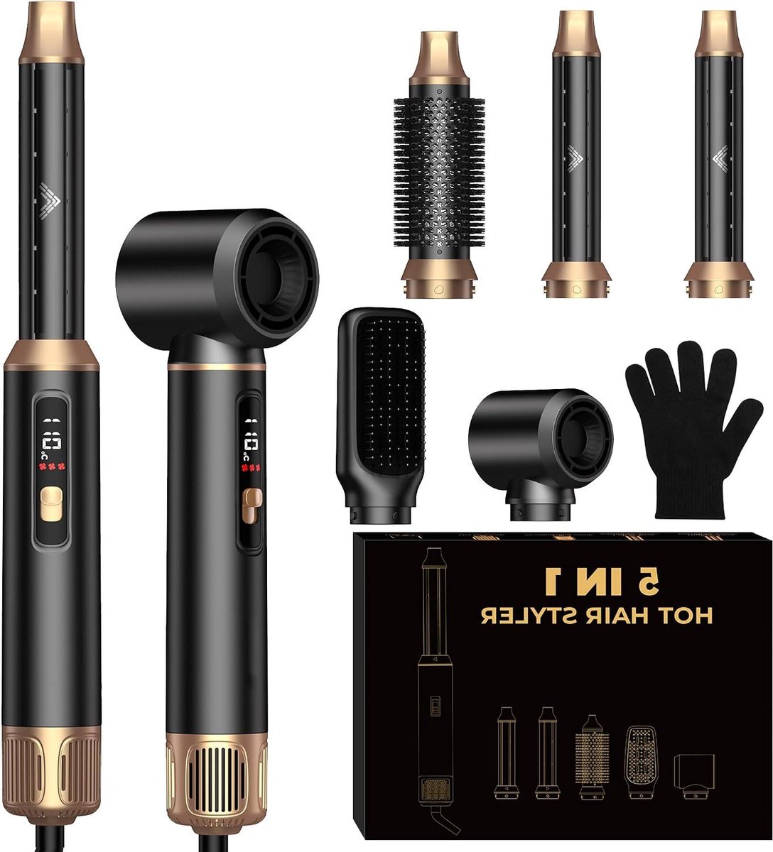Haarstyler Set - Heteluchtborstel Styling - Thuis Kapsels Maken - 5 Verwisselbare Opzetstukken - 26 x 20 x 8 cm