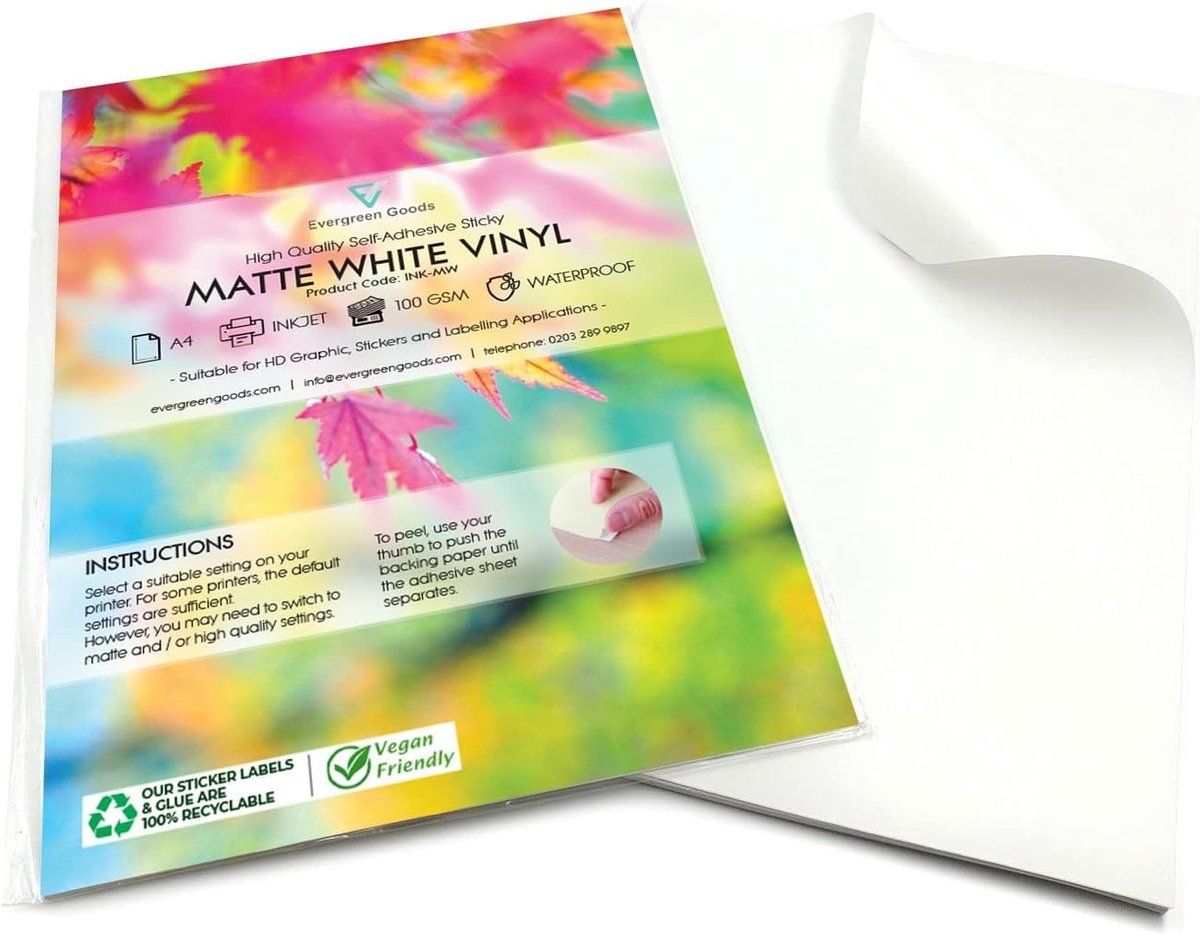 Evergreen Goods Matte White Vinyl Sticker Label - 100 A4 Sheets, Waterproof, Printable - ShopVlot