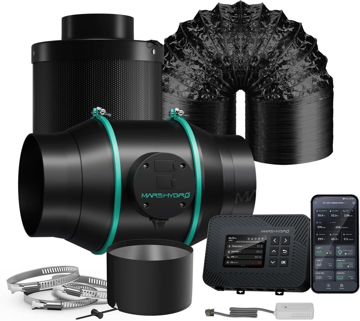 6 Inch 402CFM Inline Fan with Temperature and Humidity Controller, Carbon Filter, and 25 Feet of Ducting Combo - ShopVlot