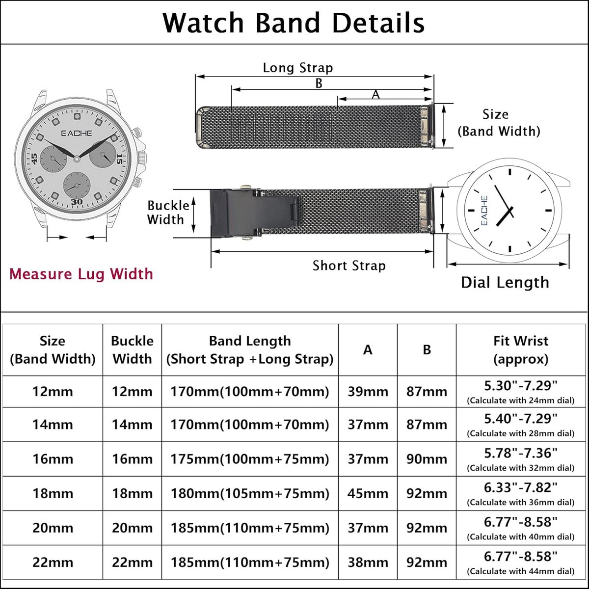 EACHE stainless steel mesh watch straps for men and women, mesh watch straps with quick release 14mm 16mm 18mm 20mm - ShopVlot