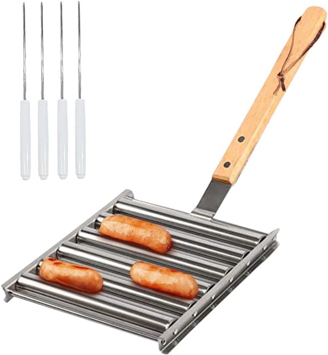 Rolling Sausage Grill, Stainless Steel, BBQ Hot Dog Roll Frame with Long Wooden Handle and 4 Skewers for Outdoor - ShopVlot