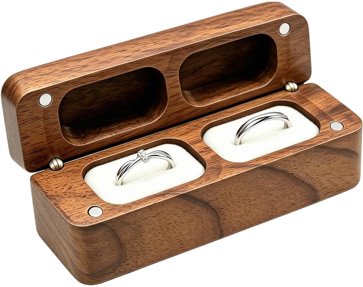 Ringdoos bruiloft 2 ringen - walnoothout - vier magneetsluitingen - stijlvolle opbergbox - ShopVlot