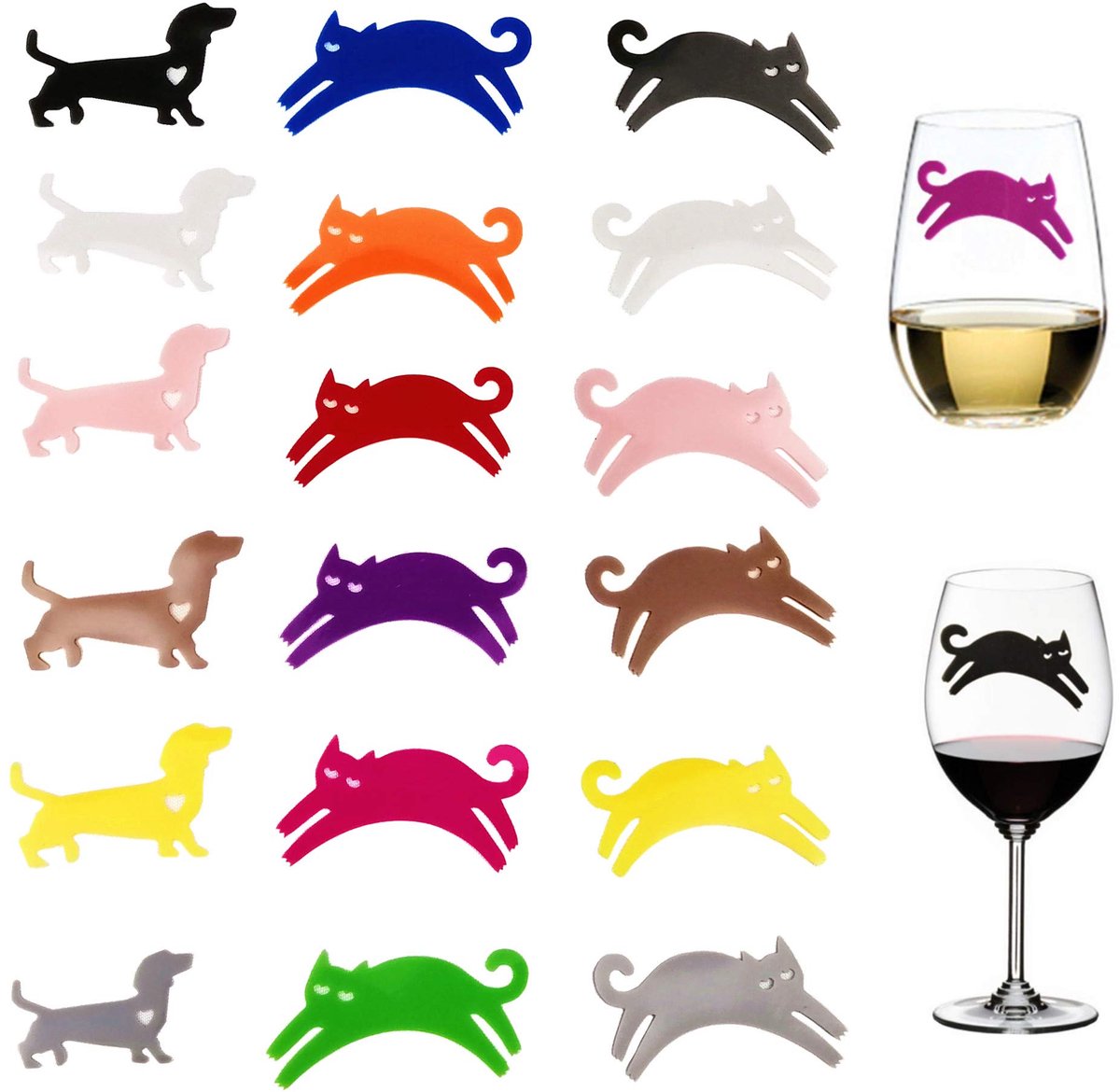 Herbruikbare glazen markers set van 18 - siliconen - katten en honden - ideaal voor cocktails - ShopVlot