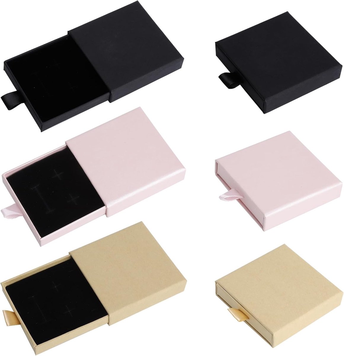 Sieraden geschenkdoos met 6 vakken, 7 x 7 x 1.8 cm, ideaal voor ringen, oorbellen en armbanden, luxe opbergdoos voor juwelen in lichtbruin, zwart en roze