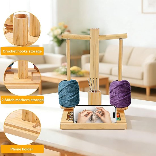 Houten Wolhouder voor Breien en Haken, Draaibare Woldispenser met Magnetische Functie, Inclusief Telefoonhouder en Naaldopslag, Perfect Cadeau voor Creatieve Handwerkers — afbeelding 3