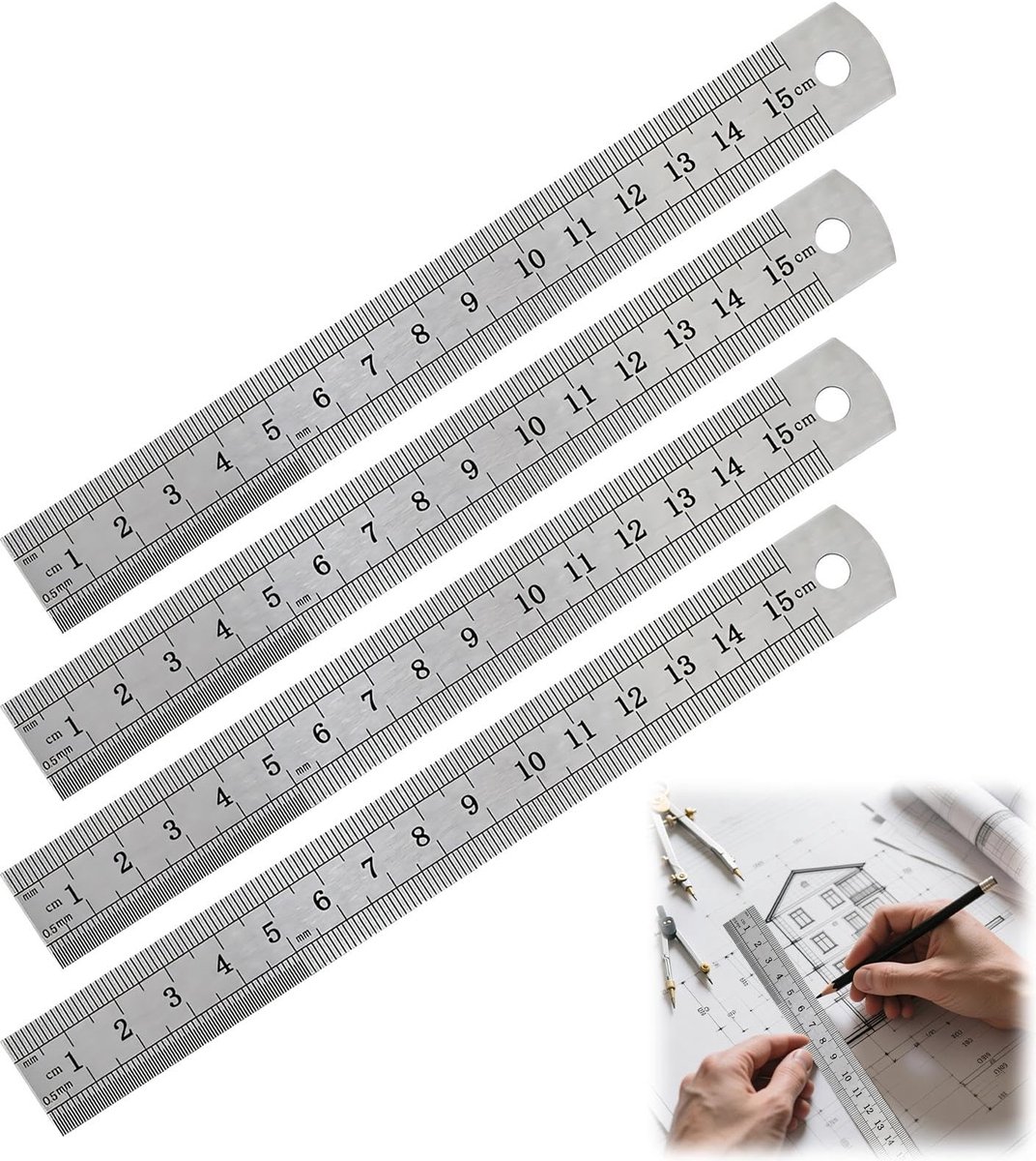 Liniaalset 15 cm - roestvrijstaal - 4 stuks met ophanggat - precisie-meetgereedschap voor kantoor - ShopVlot