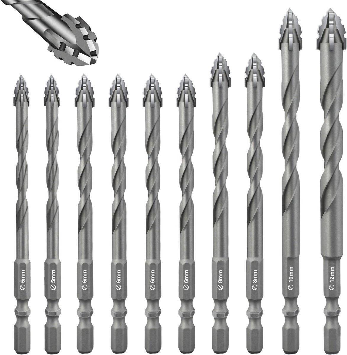Metselboor set 10 stuks - vierbladige gekartelde boren - hardmetalen tips - perfect voor stenen en tegels - ShopVlot