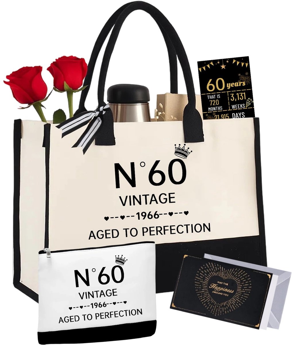 Canvas tote tas 60e verjaardag - vintage N°60 ontwerp - handtas en cosmetische tas - perfect cadeau voor vrouwen - ShopVlot