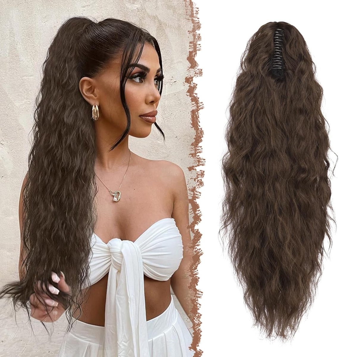 Langdurige Krullende Paardenstaart Extensions - 75cm Donkerbruin Synthetisch Haar voor Vrouwen, Perfect voor Feestjes en Dagelijks Gebruik