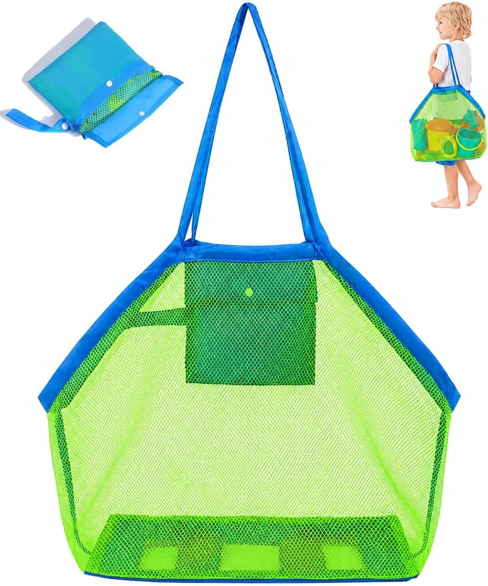 Opvouwbare nettas voor kinderen, grote strandspeelgoedtas in blauw/groen, zandfilter en reisopslag voor een schone speelervaring