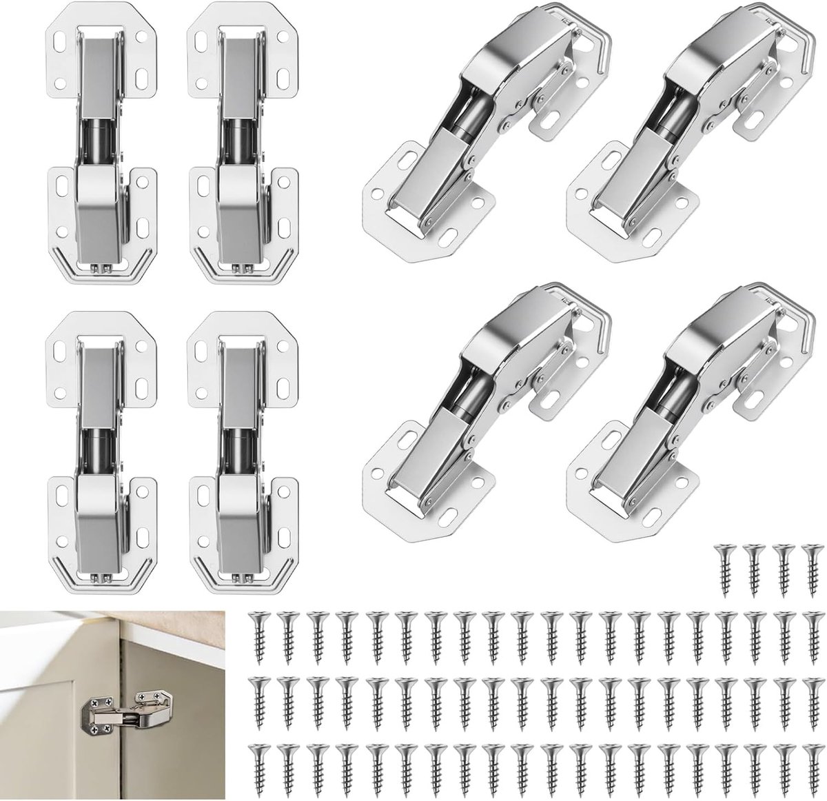 Set van 8 verborgen scharnieren 110 x 43 mm voor keukendeuren, kastdeuren en meubels met schroeven, 90° draaibeweging