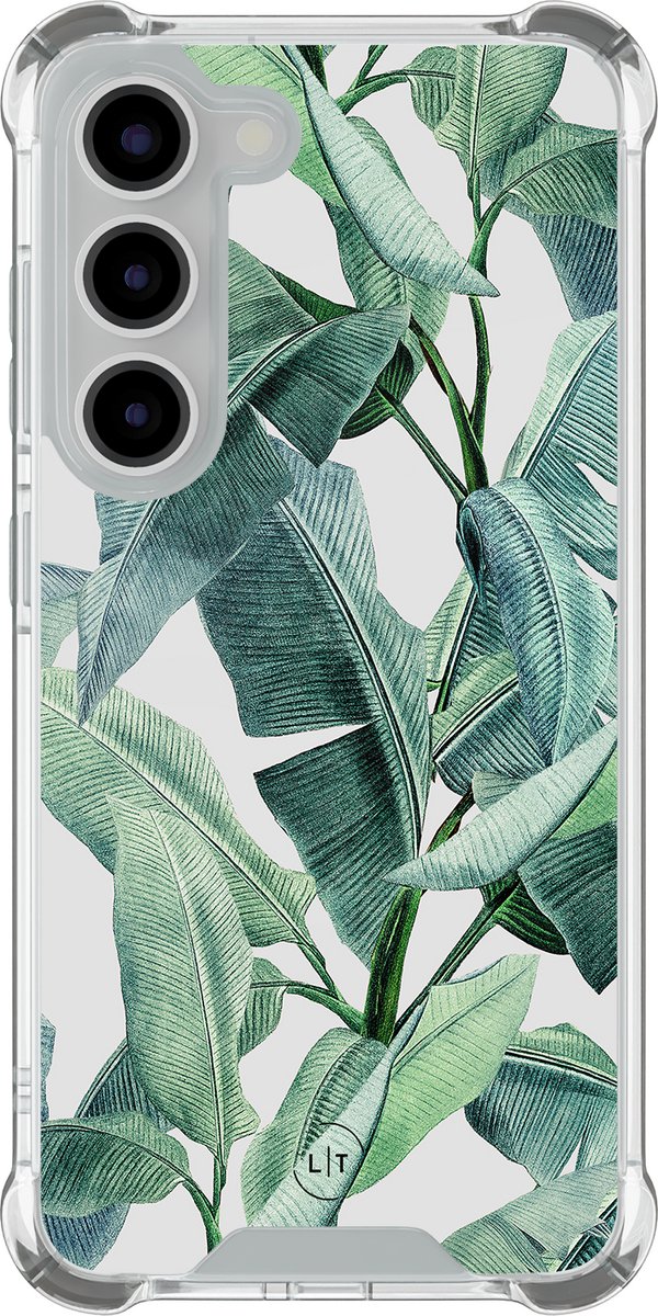 Shockproof hoesje - Geschikt voor Samsung Galaxy S23 - Banana leaves - Extra sterke case - TPU/polycarbonaat - Print / Illustratie - Groen, Transparant