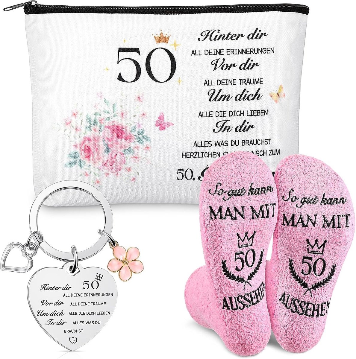 Verjaardagscadeau voor vrouwen met make-up tas, sokken en sleutelhanger - leuke cadeau-ideeën voor moeder, vriendin, zus en grootmoeder, 23 x 15 cm