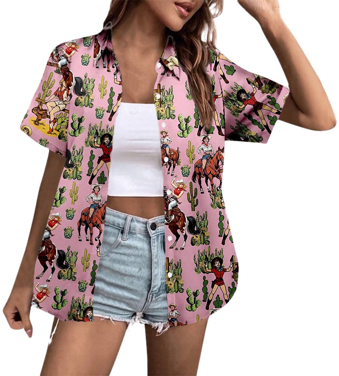Hawaii Outfit Damen, Hawaii Hemd Damen Party Outfit Hawaiihemd Sommer Bluse Kurzarm Shirt Strandshirt Fronttasche Hemden Funky Hawaiibluse Casual Hemdbluse Tops Sommerbluse
