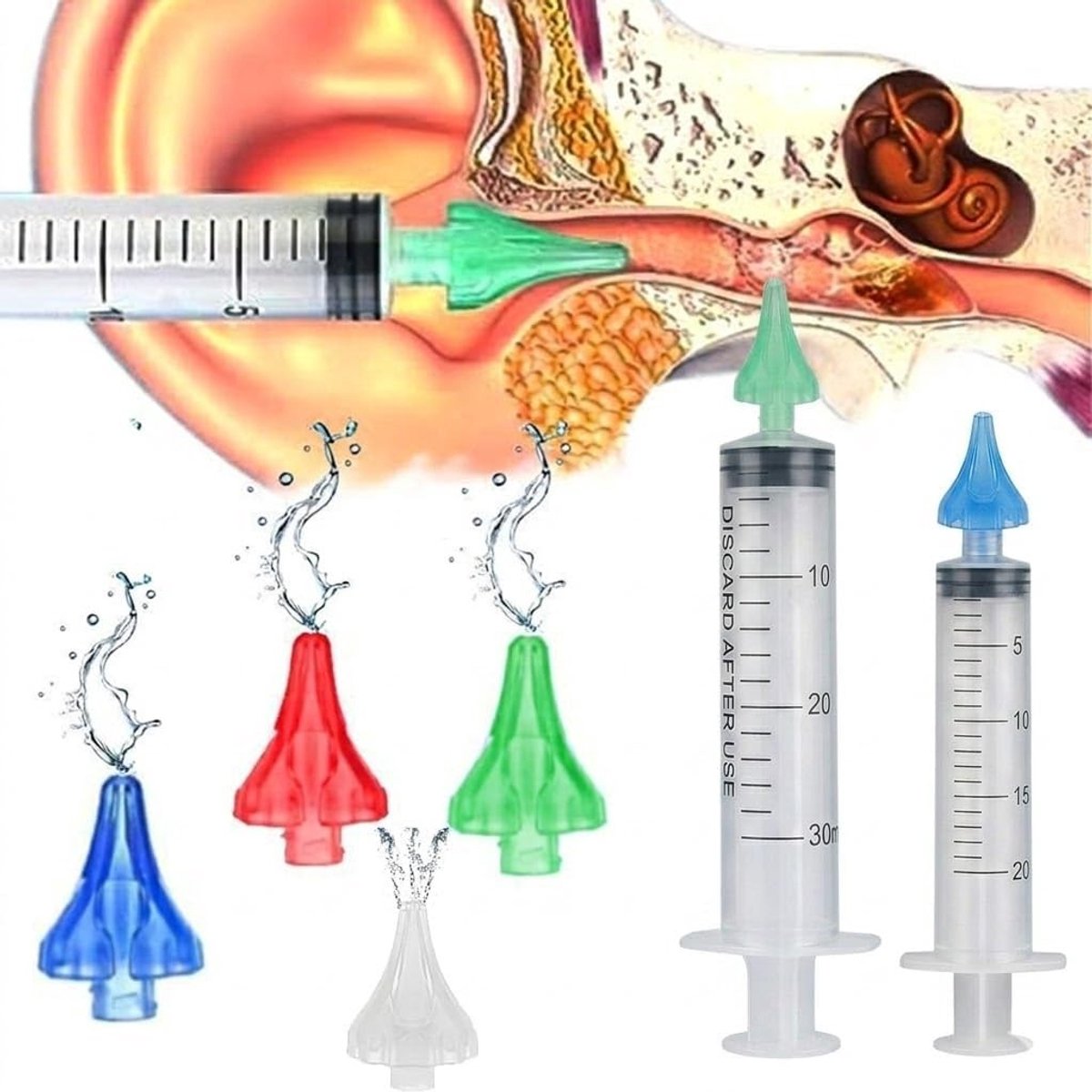 Oorreiniger voor Huisdieren, Inclusief 1 fl oz en 20ml Spuiten met 4 Kleurrijke Multi-Gat Doppen, Zachte Oorreinigingsoplossing voor Honden en Katten, Oorwas Gereedschap en Verzorging