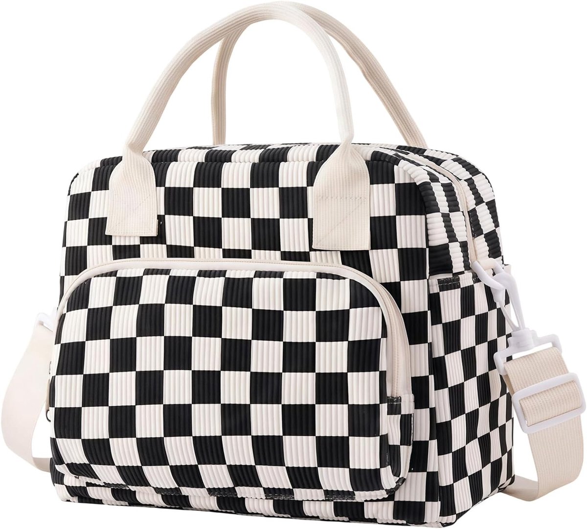 Isolerende Lunchtas voor Werk en Picknick, Houdt Eten Vers, Dikke Katoenen Stof, Draagbaar met Dubbele Rits en Meerdere Vakken, Zwart-Wit Design