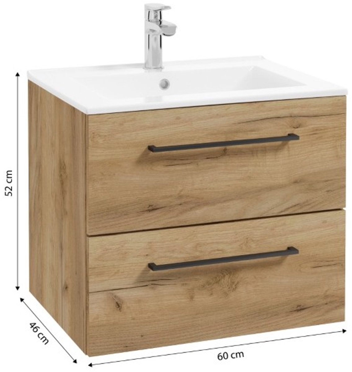 Deftrans Pinia Serie - Hangende Badkamermeubelset - 60cm - Eiken Craft - Met Zwarte Kraan