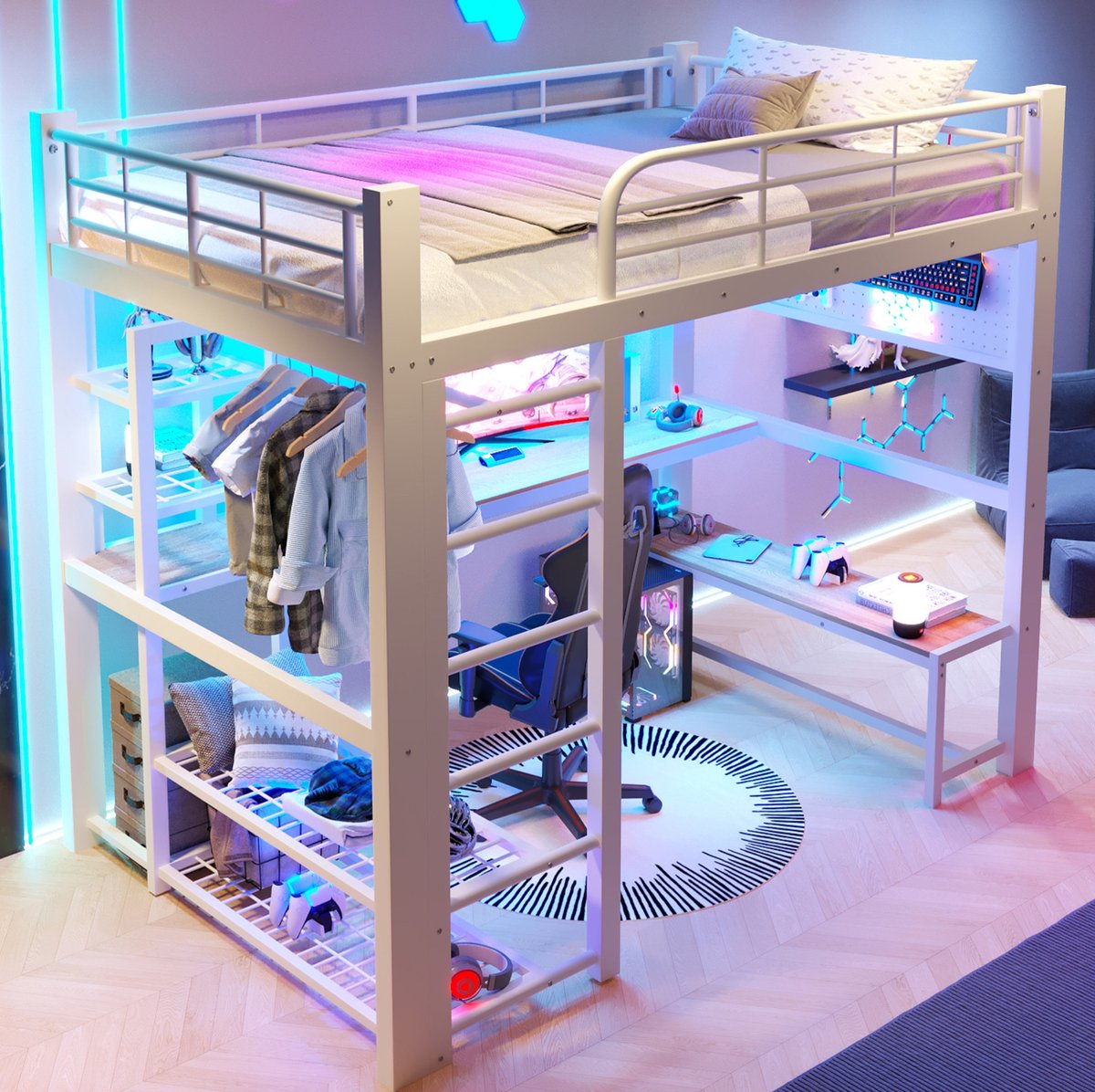COVREO Hoogslaper met bureau – 140x200 cm – Metalen bed met LED-verlichting – met trap en opbergruimte – Wit - zonder matras