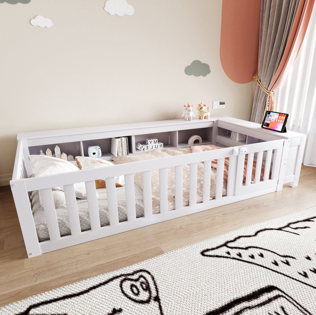 COVREO Kinderbed 222,6x112x45 cm – wit, hout en MDF, met opbergruimte en veiligheidshekje