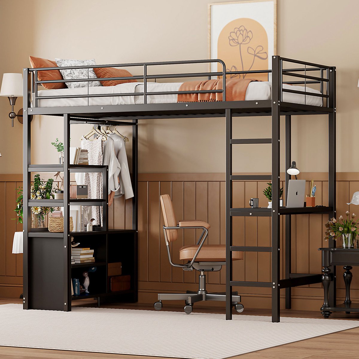 Hoogslaper, 90*200 cm, matras niet inbegrepen, met bureau naast het bed, stopcontact en USB-poort, planken op meerdere niveaus, open opbergkastjes, veiligheidsrail, ladder, ijzeren frame, zwart.