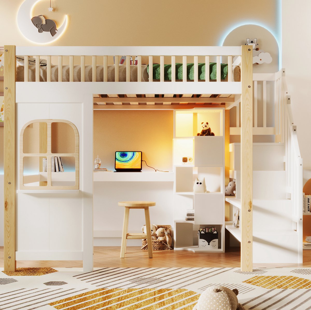 COVREO Hoogslaper met bureau en trapkast – 140x200 cm – Bed met LED en opbergvakken – voor kinderen – Wit/naturel - zonder matras