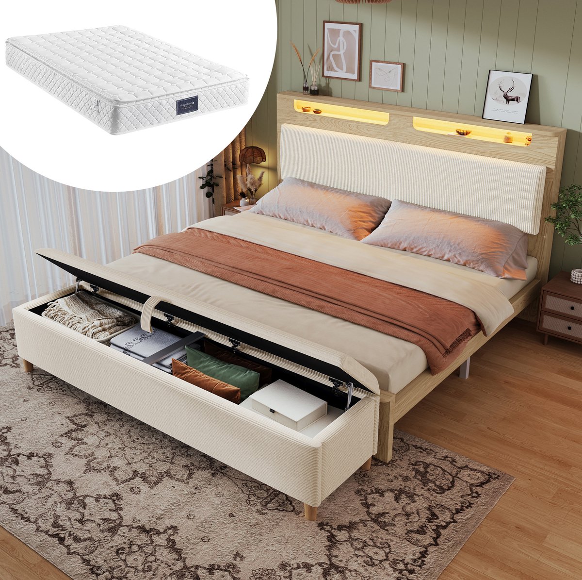 COVREO Tweepersoons houten bed, 160×200cm, met bedbank, hoofdbord met opbergruimte, ledverlichting en beige corduroy gestoffeerde rugleuning, licht eikenkleur (matras inbegrepen).