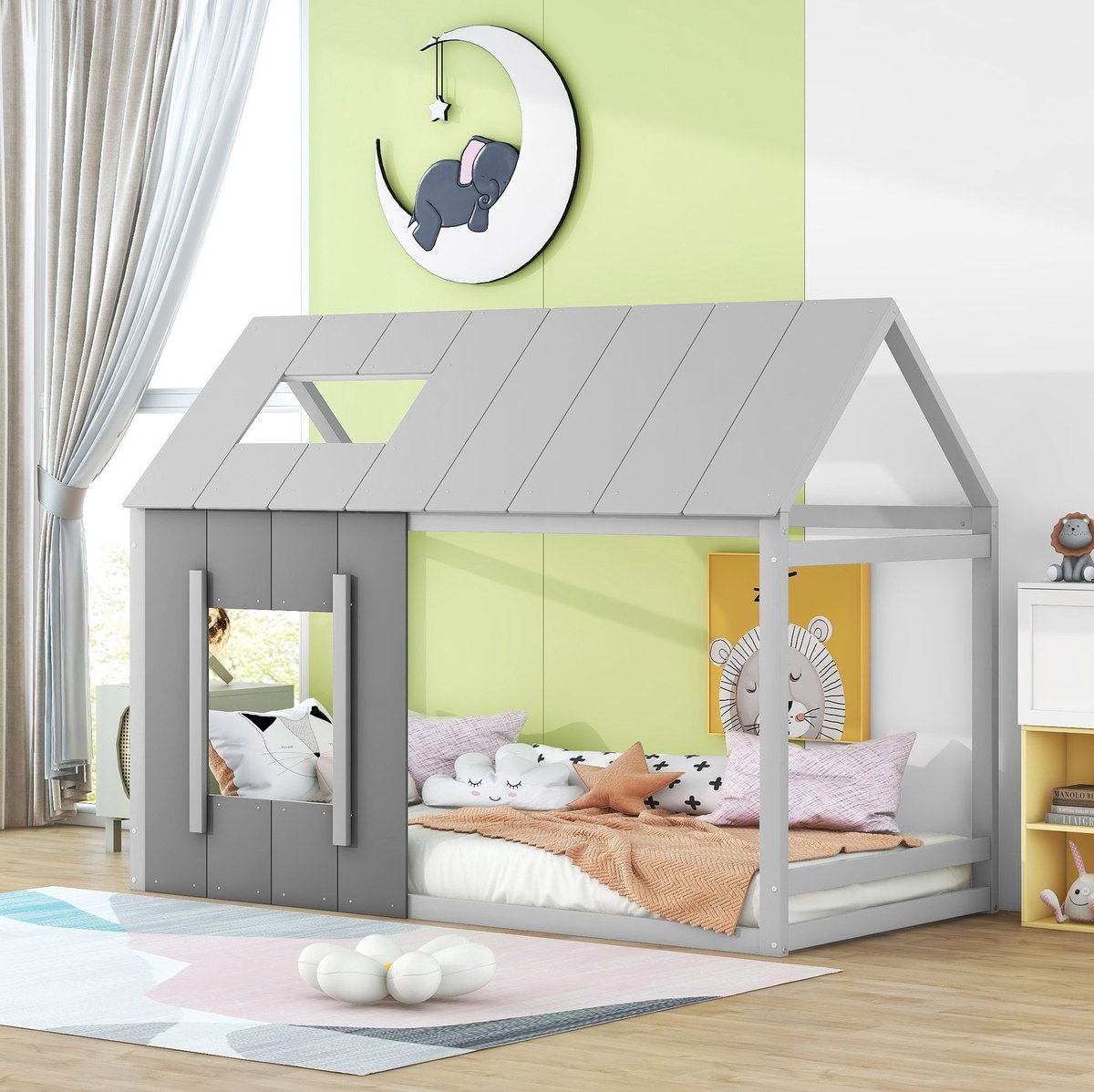 COVREO Bedframe 90x200 cm grijs MDF met huisdak zonder matras