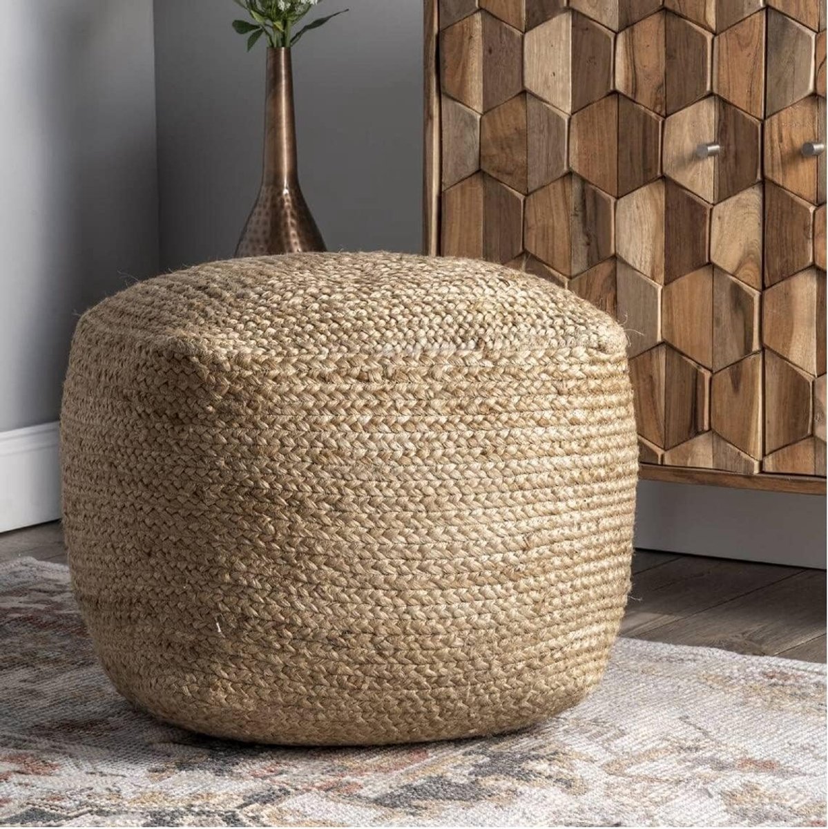 Poufhoes Jute - Voetenbank Zitje - Extra Zitplaats Creëren - Handgeweven Natuurlijk - 46x46x30 cm - Beige