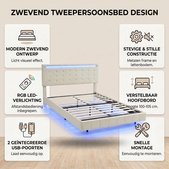 Tweepersoonsbed 160x200 Cm Zwevend Bed Met LED verlichting En 2 USB tweepersoonsbed-160x200-cm-zwevend-bed-met-led-verlichting-en-2-usb