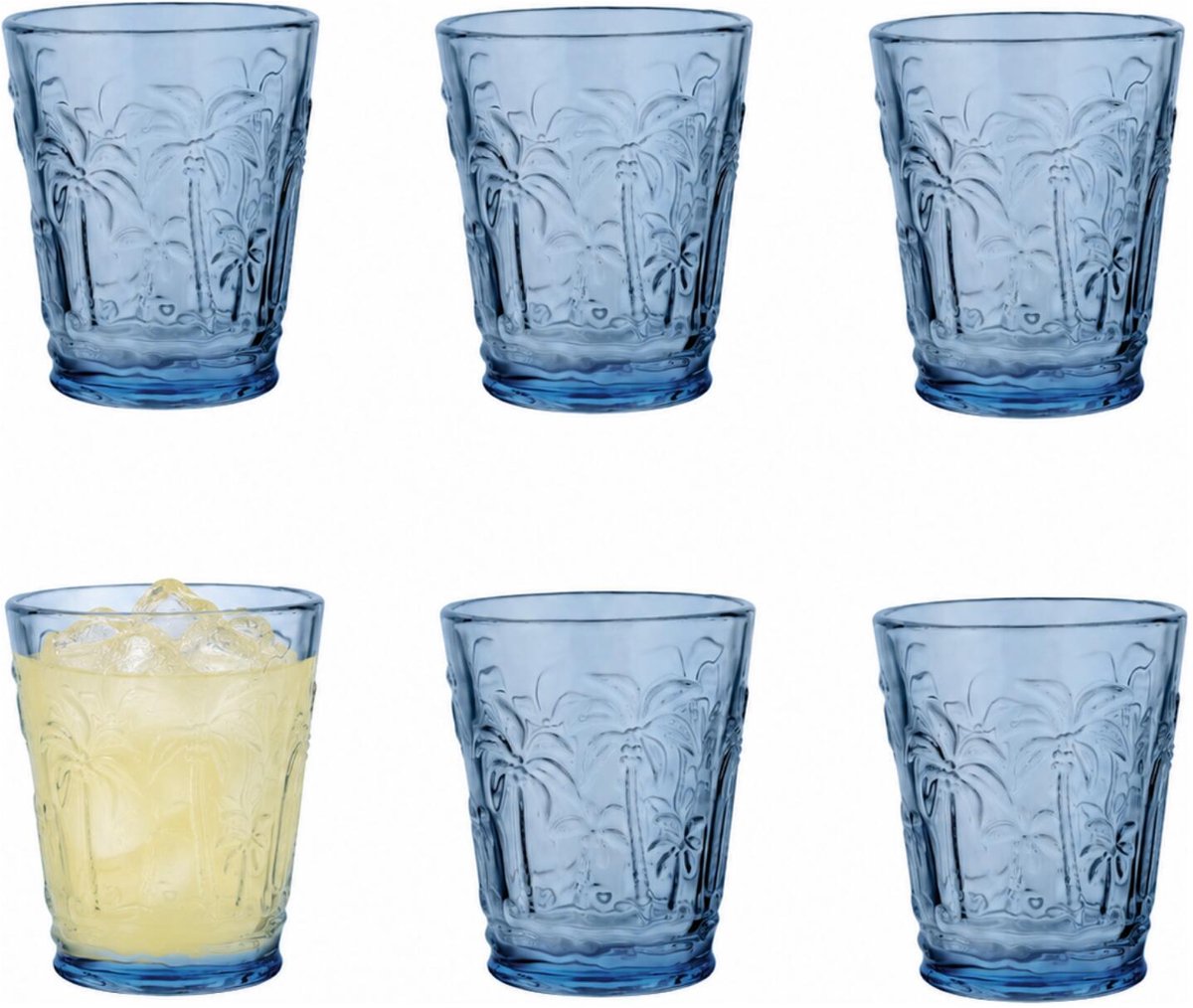 Vivalto Drinkglazen Tropical Palms - waterglazen - blauw transparant - glas - set 6x stuks - 290 ml - stapelbaar