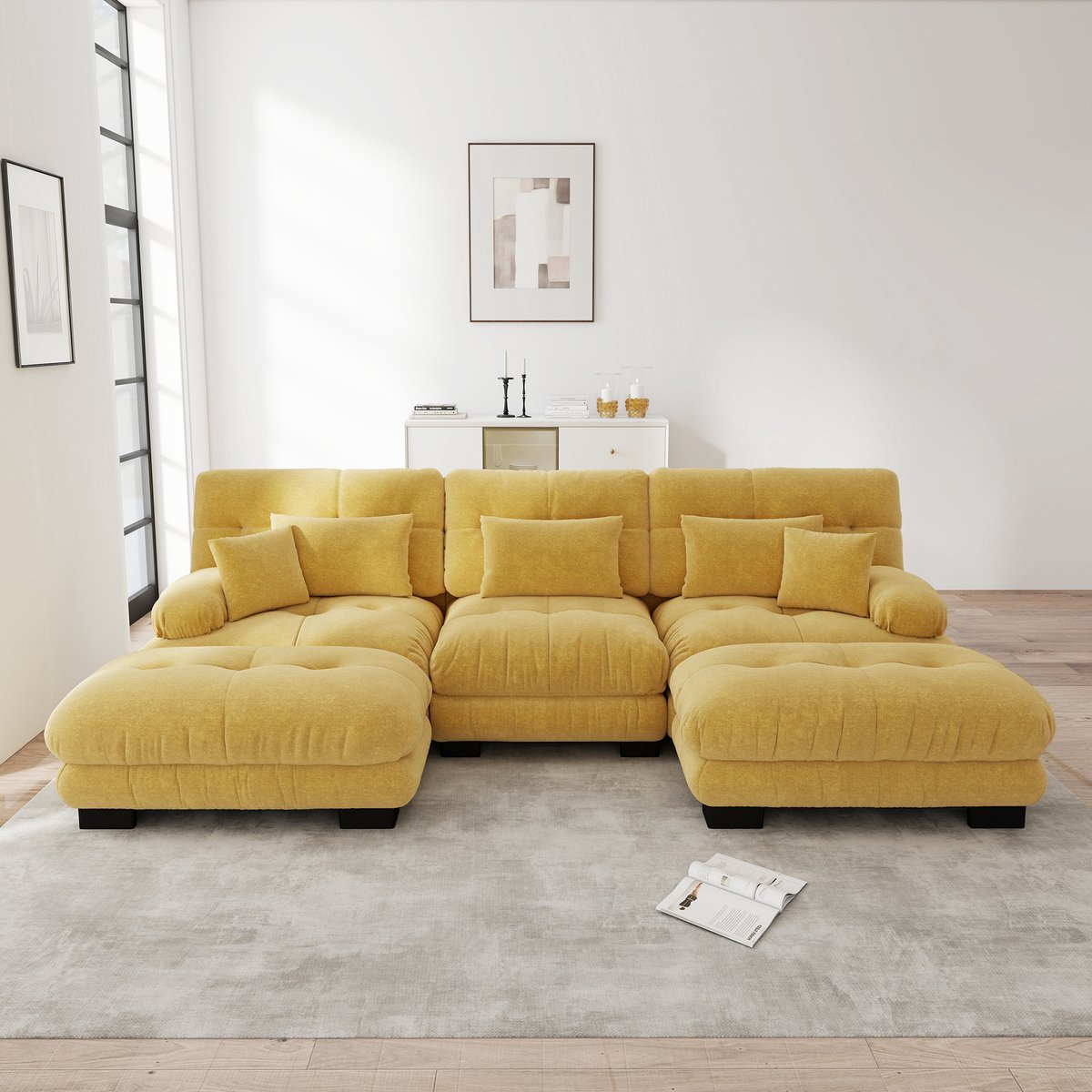 DESMIU U-Bank 313 Cm - Modulaire Hoekbank Met Verplaatsbare Ottomans En Diepe Zitting - Voor Woonkamer En Lounge - Chenille Geel