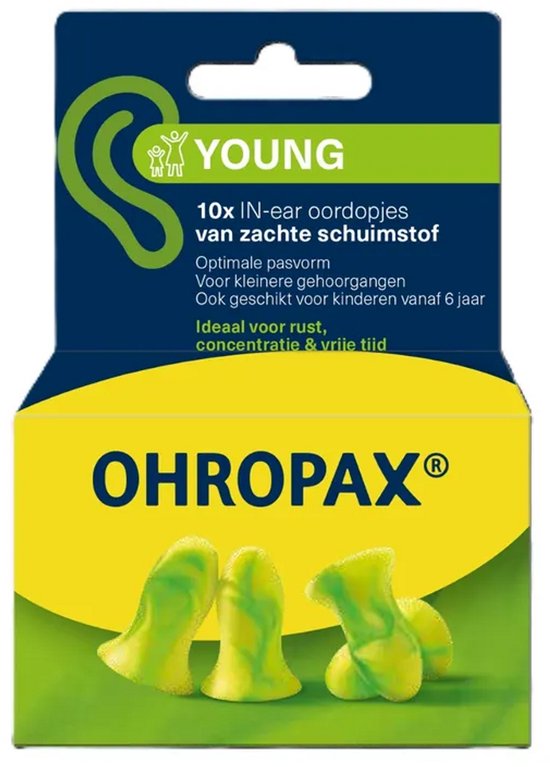 Verpakking met 10 zachte, lichtgroene Ohropax Young schuimoordopjes voor in-ear gebruik.