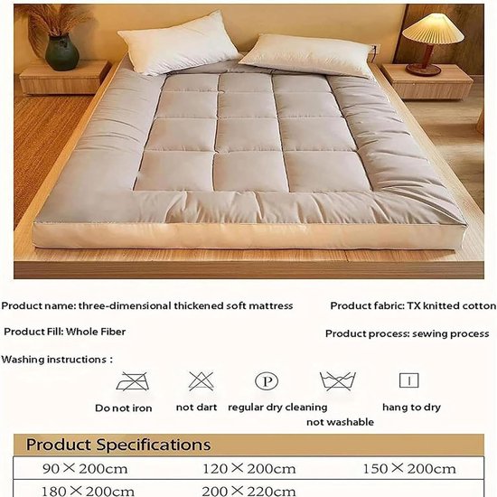 Futonmatras - Slaapmat Vloer - Comfortabel Slapen - Volledig Katoenvezel Vulling - 120x200cm - C — afbeelding 5