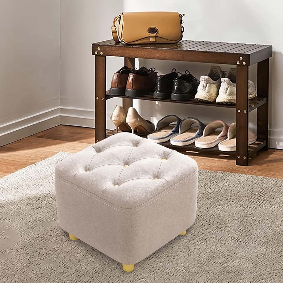 Ottomaanse Voetsteun - Gewatteerde Kruk - Voeten Rusten - Hoge Dichtheid Schuim - 28 x 28 x 26 cm - Beige