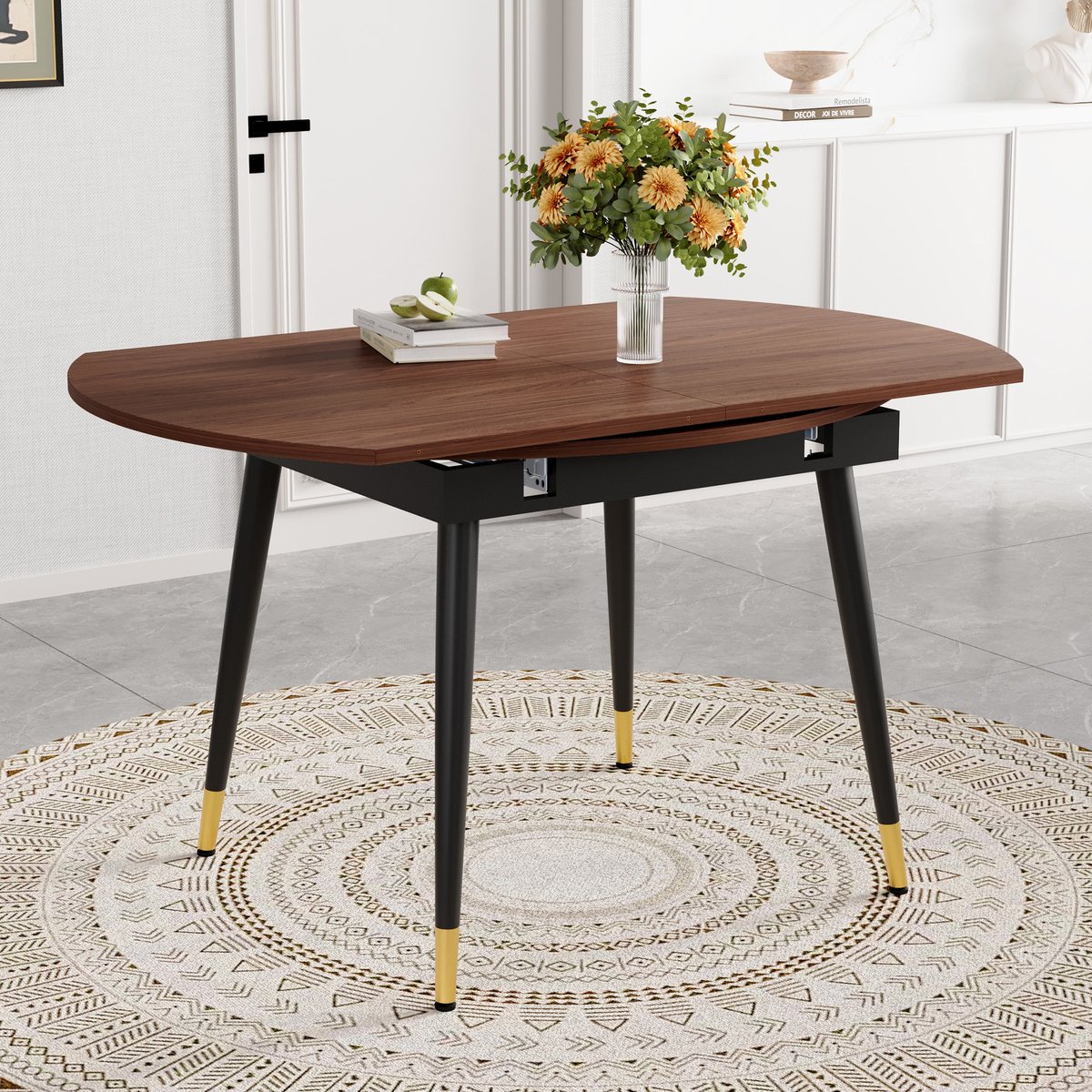 STILVORA Eettafel - Uitschuifbaar Van Rond Naar Ovaal - Ruimtebesparend Voor Keuken En Eetkamer - MDF - Walnoot Wit En Zwart