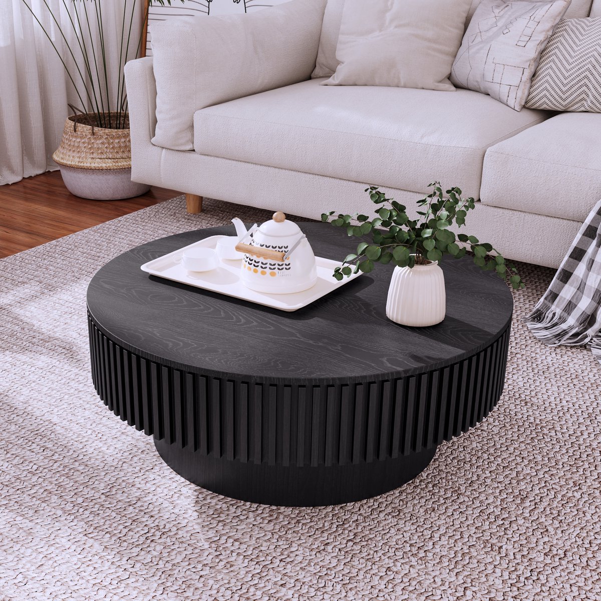 MODENUIT Salontafel - Ronde Tafel Met Verborgen Opbergruimte - Voor Woonkamer En Kantoor - Hout En Zwart MDF