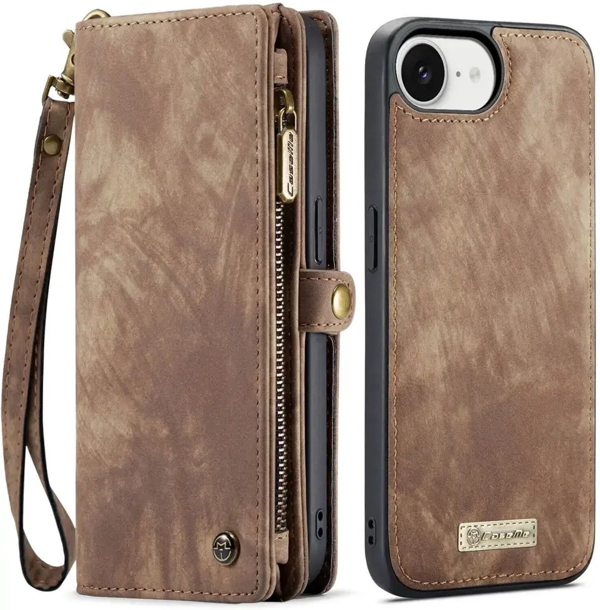 CaseMe 008 Geschikt voor Apple iPhone 17e / 16e - 2-in-1 Book Case en Back Cover - Magnetisch Uitneembaar - Portemonnee Hoesje - Bruin