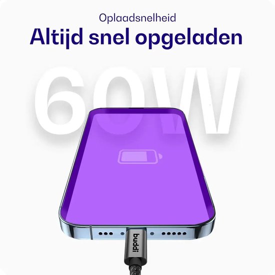 Paarse telefoon wordt opgeladen met 60W snelladen. Buddie kabel aangesloten.