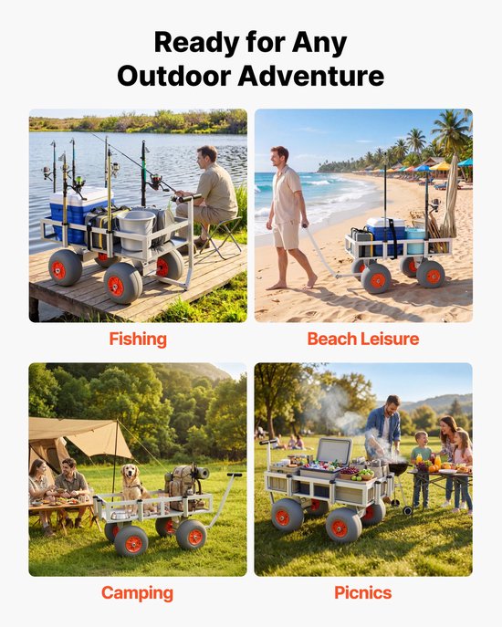 Opvouwbare viskar bolderkar - Strand transportkar - Draagvermogen 159 kg - 4 PU luchtbanden - Aluminium frame - 6 hengelhouders — afbeelding 2