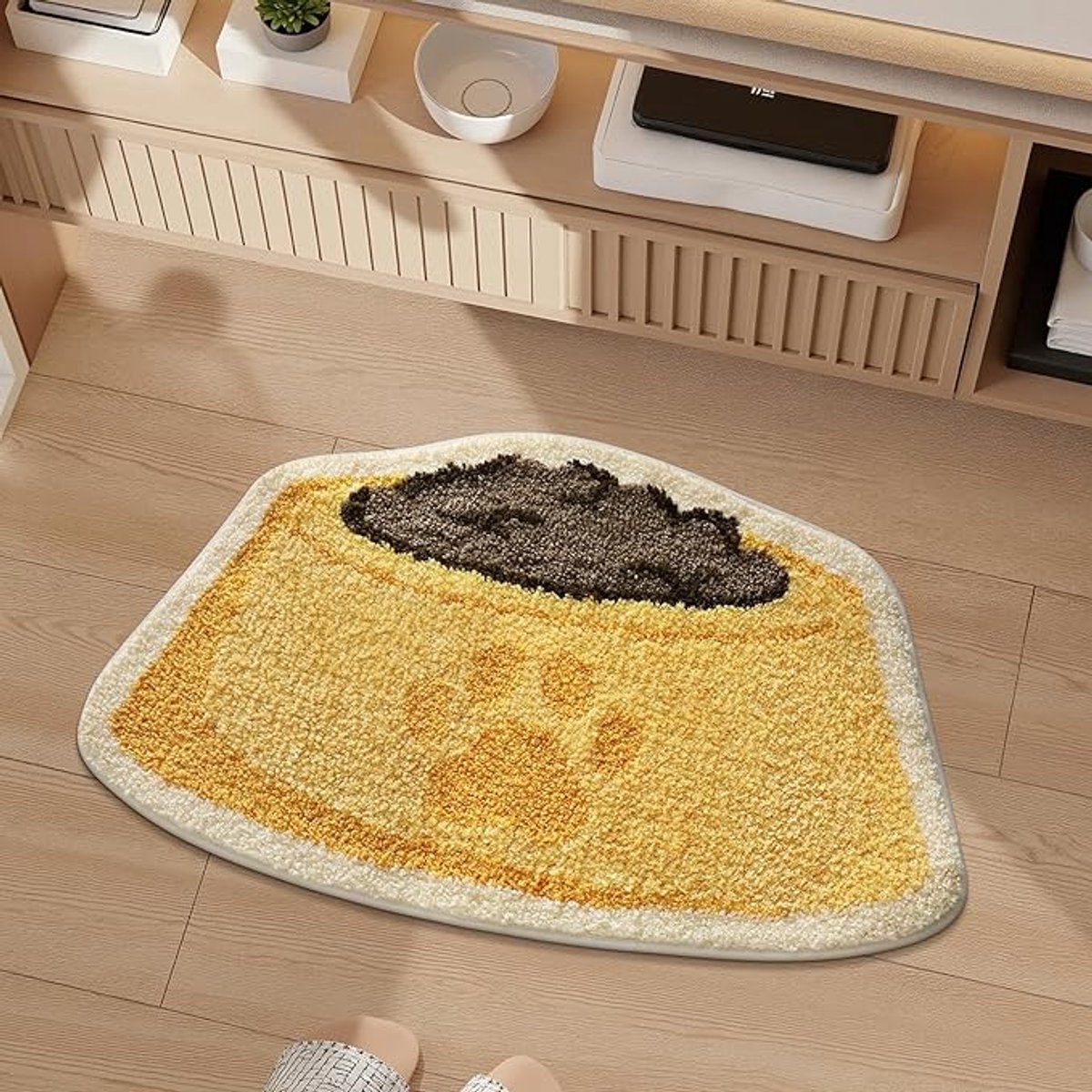 Badmat, badmat, badkamerkleed, antislip, absorberend, badkamerkussen, schattige badmat met kattenprint, deurmat, droogkleed, 60x90 cm, geel