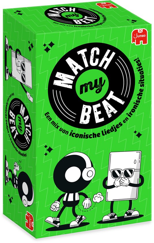 De doos van het spel Match my Beat, staande, met illustraties van stripfiguren.