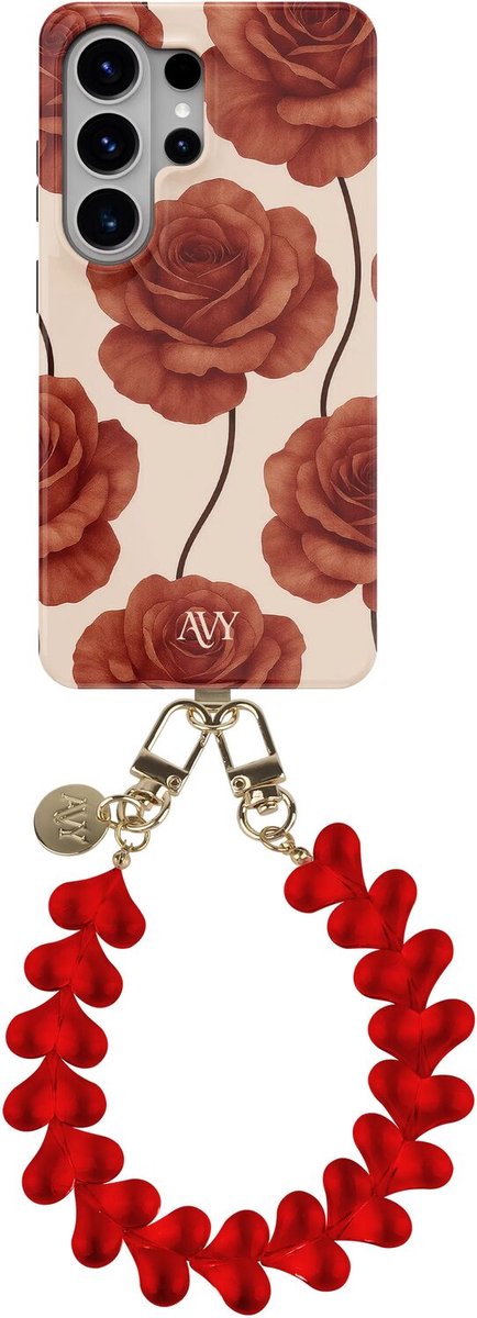 AVY Hoesje Met Telefoonkoord | Geschikt voor Samsung Galaxy S26 Ultra | Compatibel met MagSafe & Qi2 | Hard Shell Back Cover | Stijlvol Bijpassend Koord Polsbandje (30CM) | Hearts & Roses